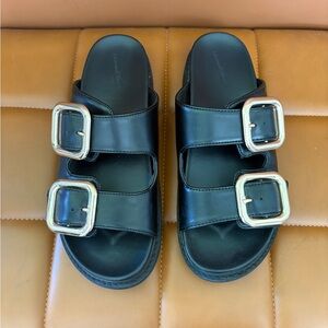Women’s Black Double Buckle Slide Sandals